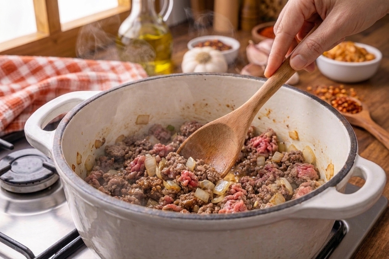 Ground beef browning in a large pot with onions, being broken into crumbles with a wooden spoon on a stovetop