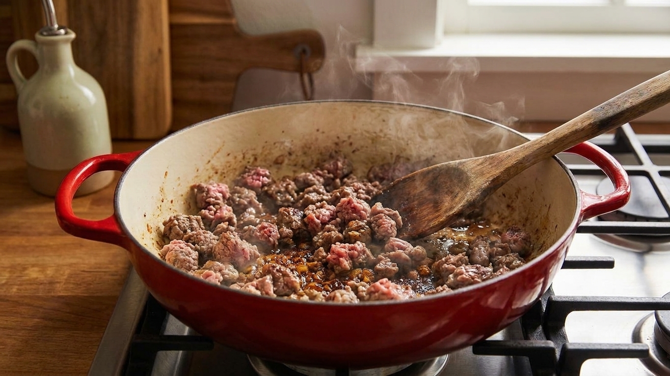 Ground beef browning in a large pot with visible caramelized bits forming on the bottom
