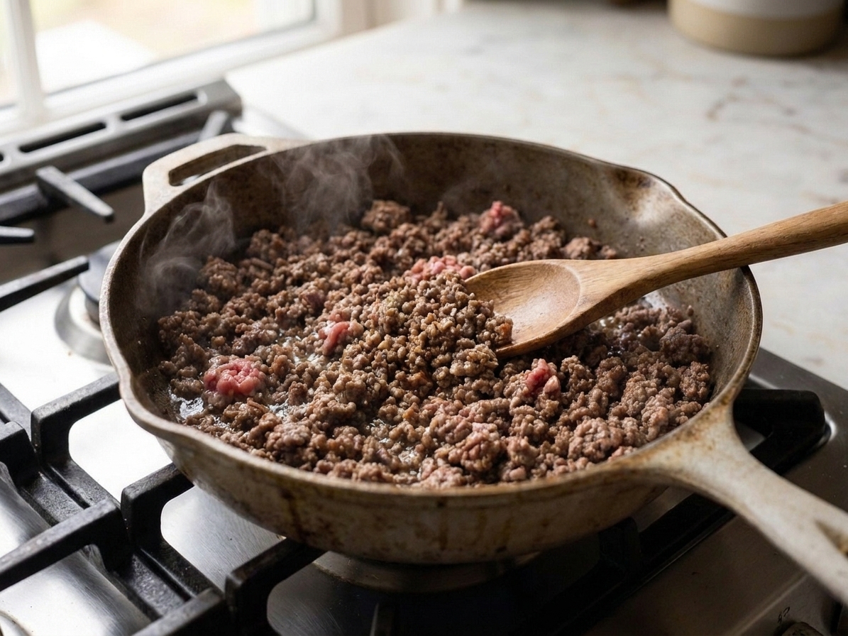 Ground beef browning in a large skillet on a stovetop with a wooden spoon nearby