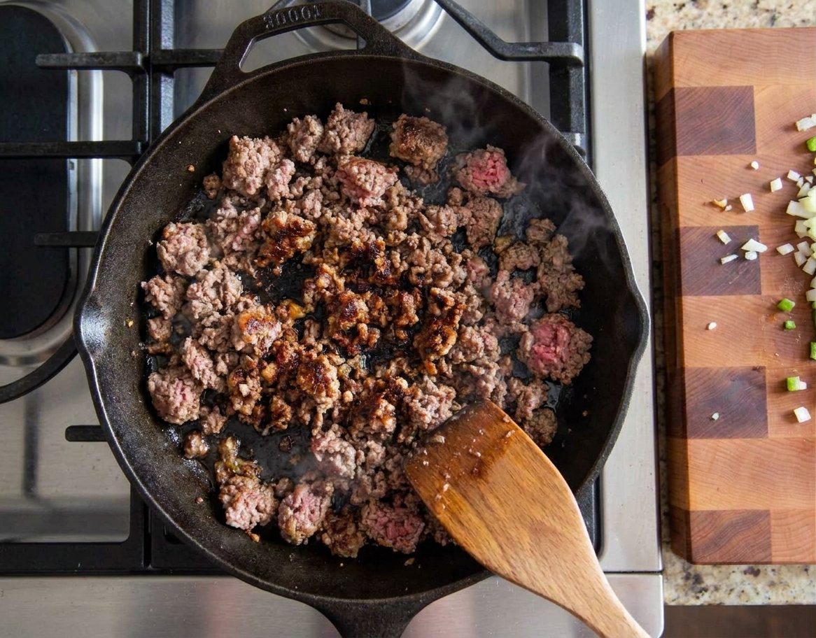 Ground beef browning in a large skillet on a stovetop, with caramelized bits forming as it cooks