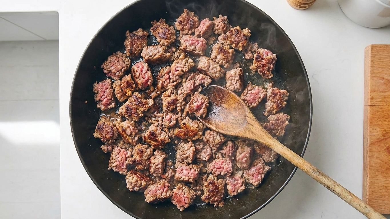 Ground beef browning in a large skillet with a wooden spoon stirring as the meat develops browned edges