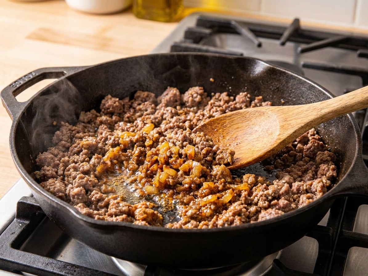 Ground beef browning in a large skillet with a wooden spoon, golden bits forming, on a home stove
