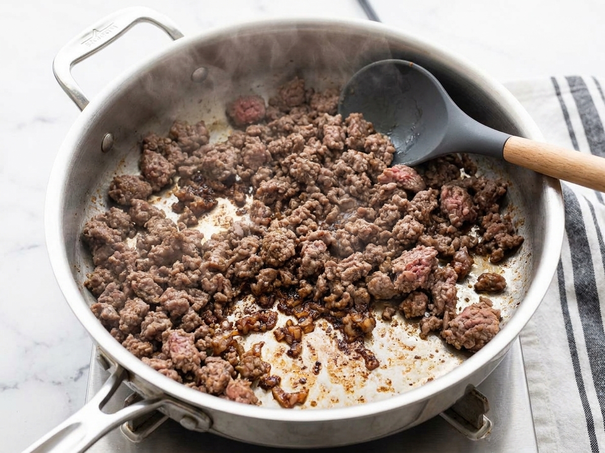 Ground beef browning in a large skillet with caramelized bits forming on the bottom of the pan