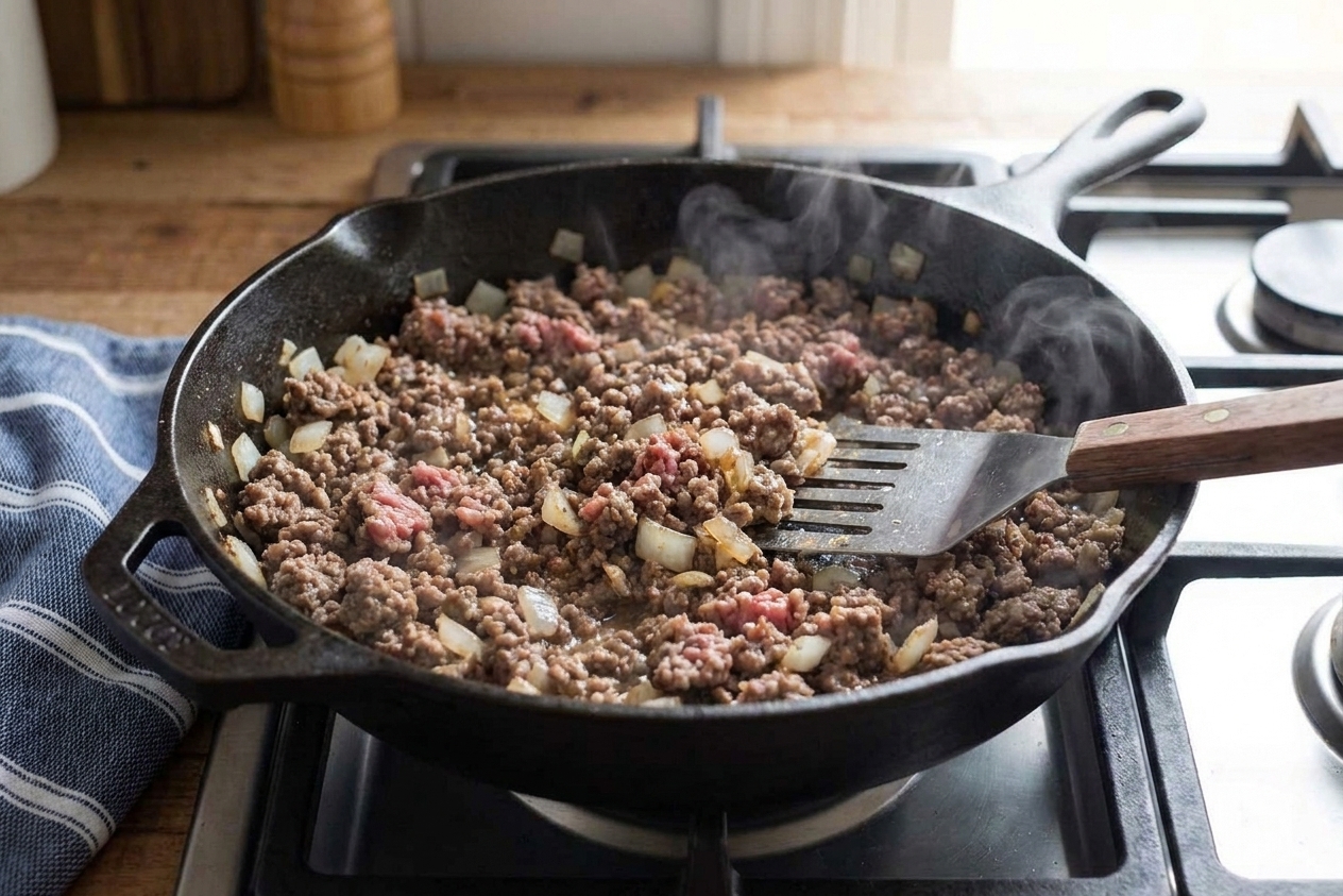 Ground beef browning in a large skillet with chopped onions, photographed on a home stove with warm kitchen lighting