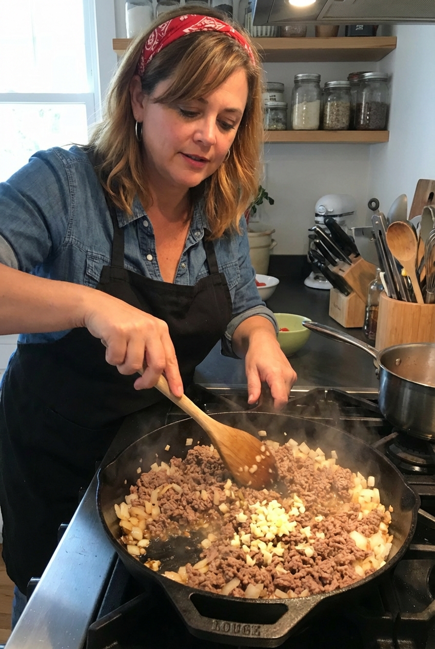 Ground beef browning in a large skillet with diced onions and garlic