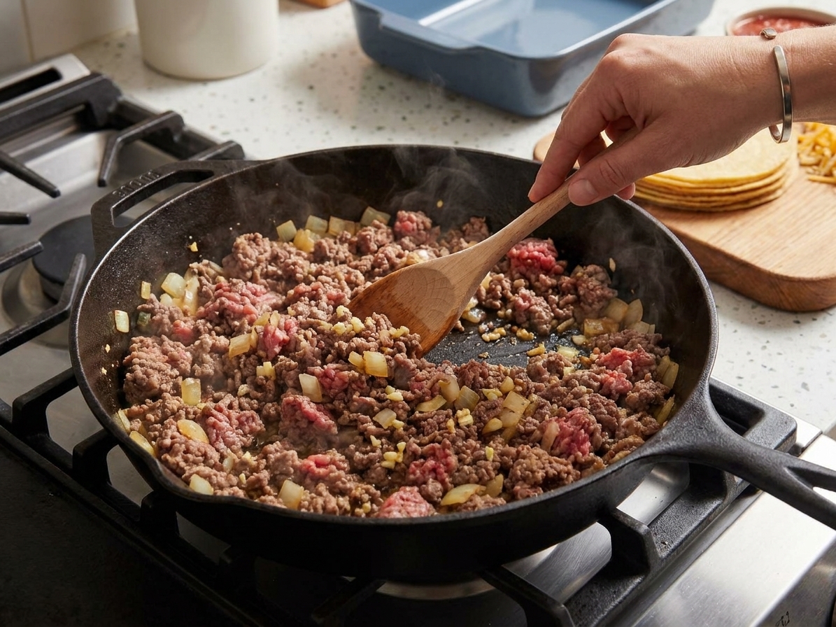 Ground beef browning in a large skillet with diced onions and garlic, being stirred with a wooden spoon on a stovetop