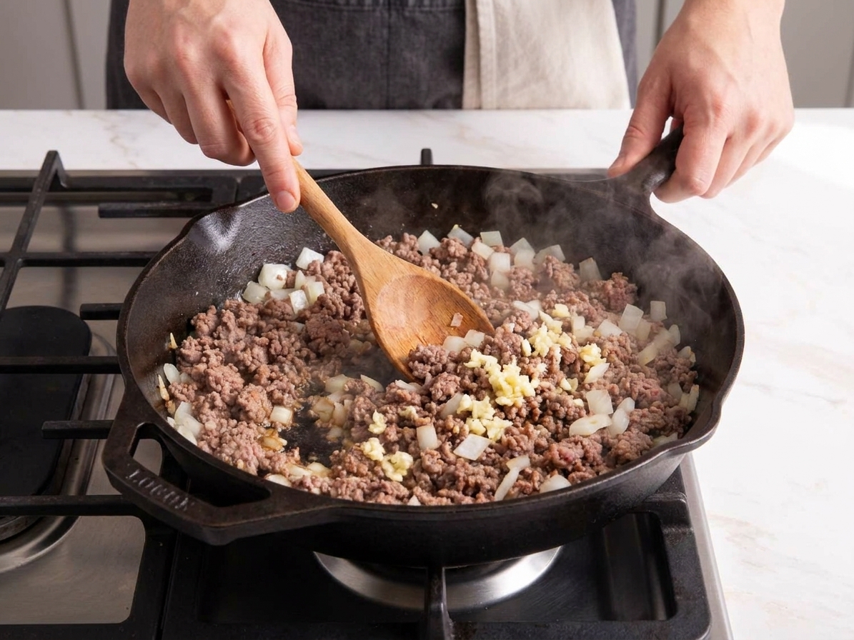 Ground beef browning in a large skillet with diced onions and garlic on a stovetop, with a wooden spoon stirring