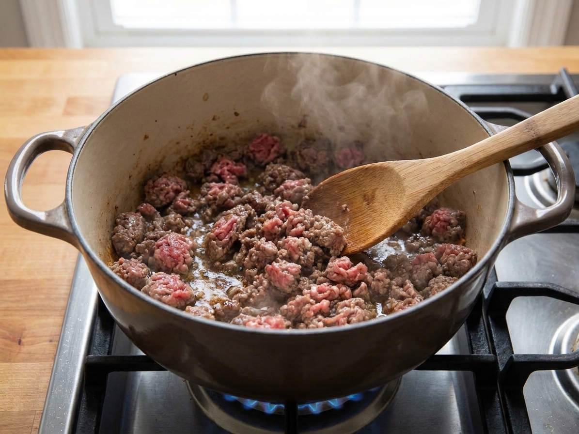 Ground beef browning in a large soup pot on a stovetop, with a wooden spoon breaking it into crumbles