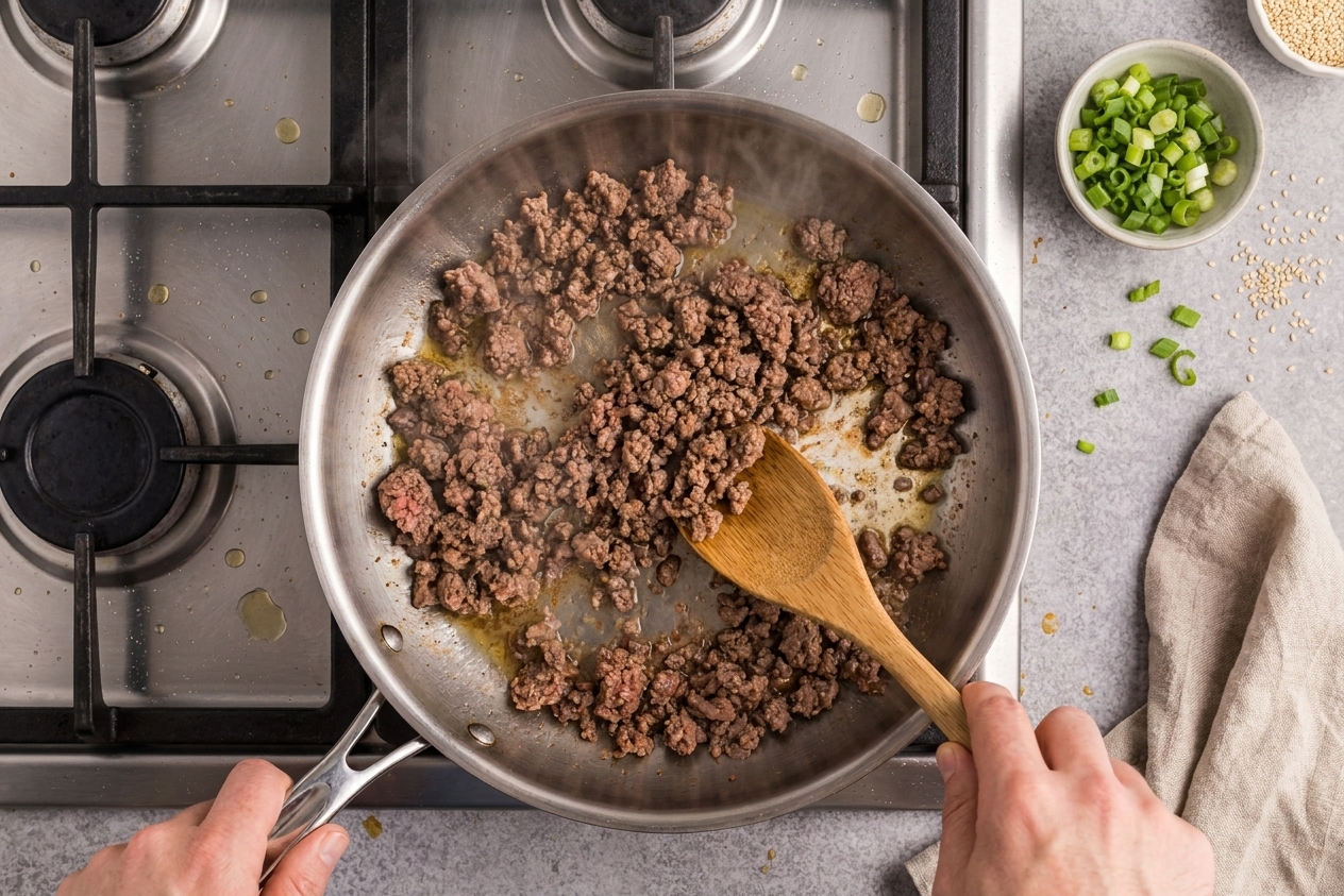 Ground beef browning in a large stainless steel skillet on a stovetop with a wooden spoon breaking it into crumbles