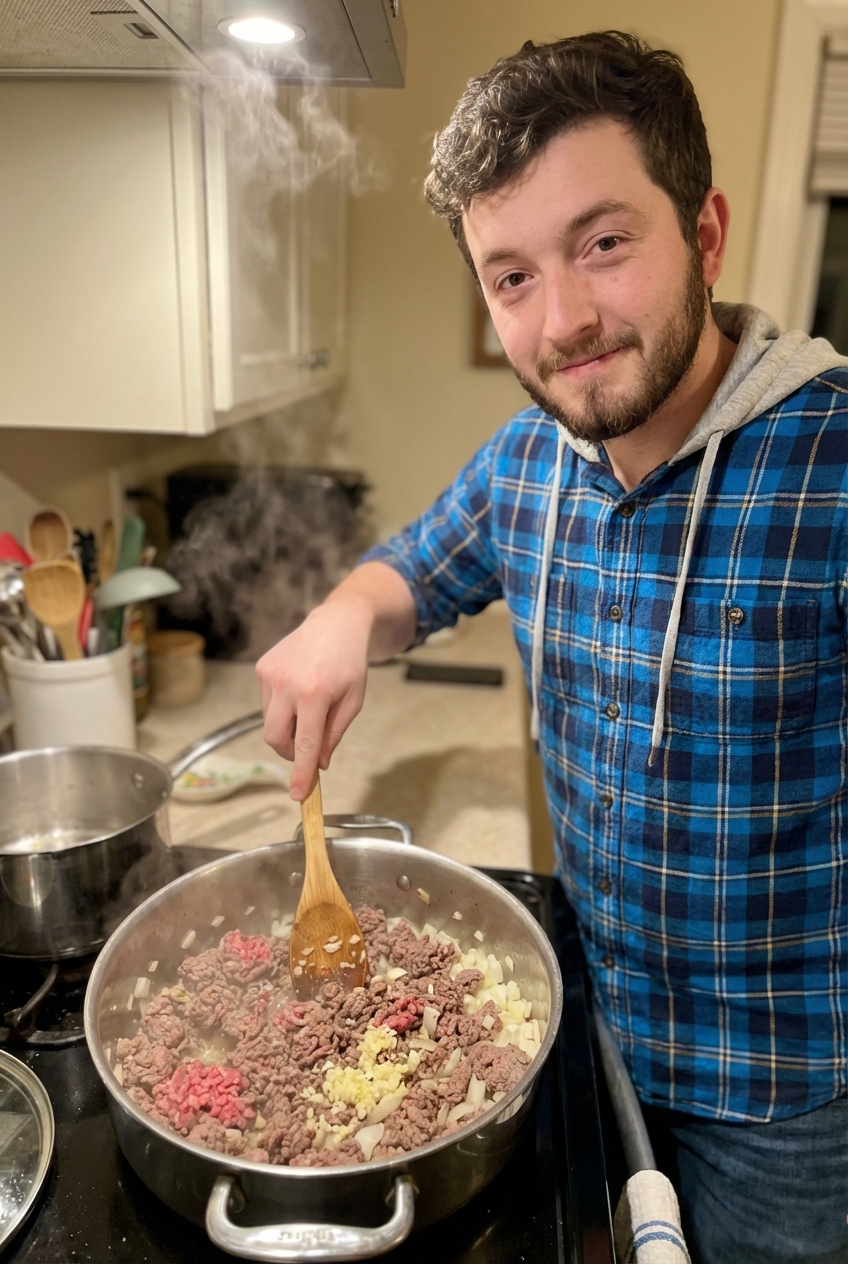 Ground beef browning in a pot with onions and garlic
