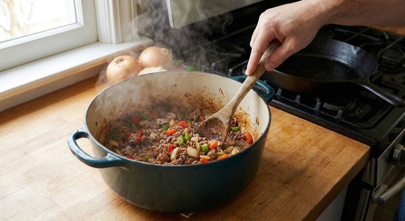 Ground beef browning in a pot with onions and peppers, edges caramelized, steam rising under warm kitchen lighting
