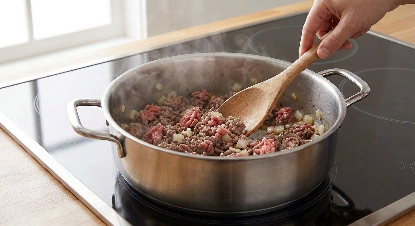 Ground beef browning in a pot with onions, being broken up with a wooden spoon on a home stovetop