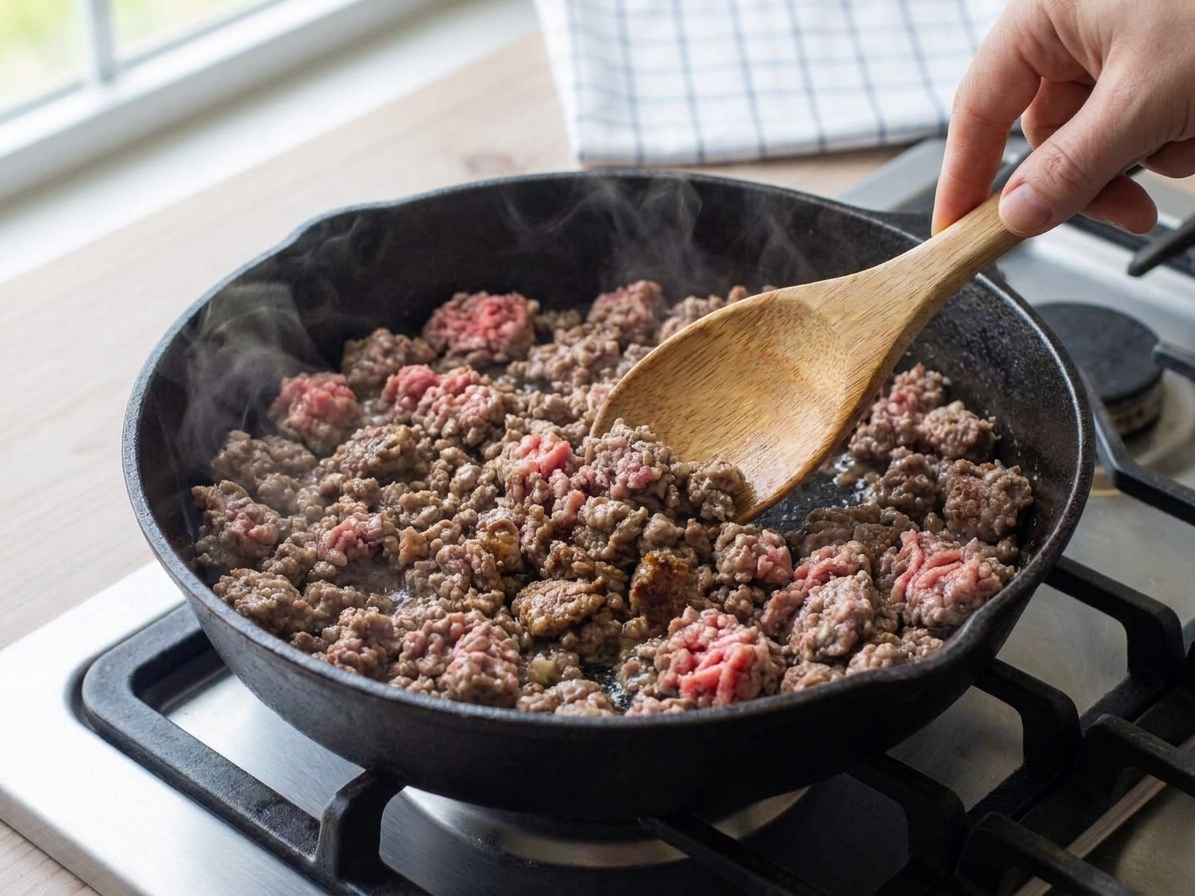 Ground beef browning in a skillet as a wooden spoon breaks it into crumbles