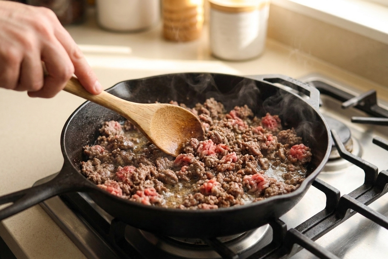 Ground beef browning in a skillet on a stovetop with a wooden spoon stirring, warm kitchen lighting