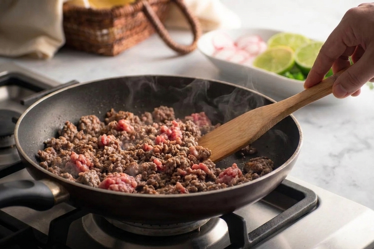 Ground beef browning in a skillet on a stovetop with a wooden spoon stirring