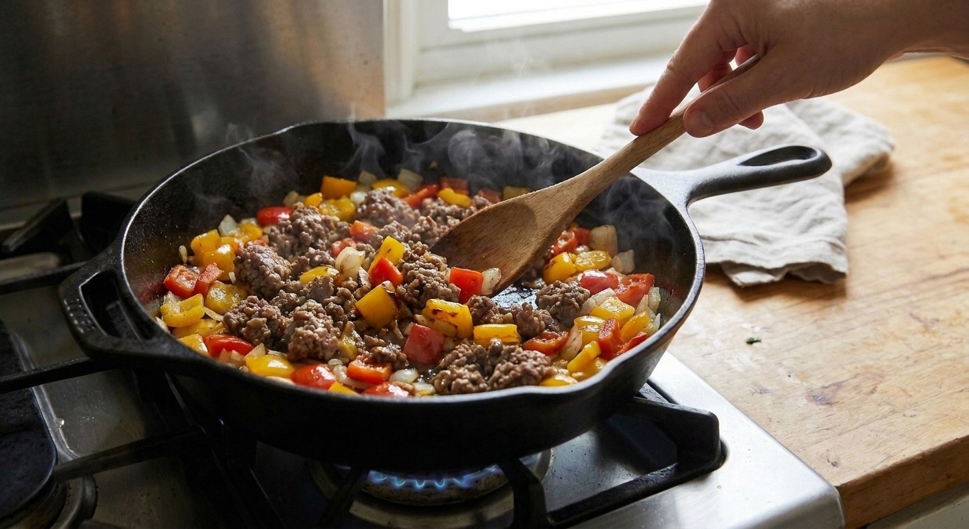 Ground beef browning in a skillet with bell peppers and onions, being broken up with a wooden spoon
