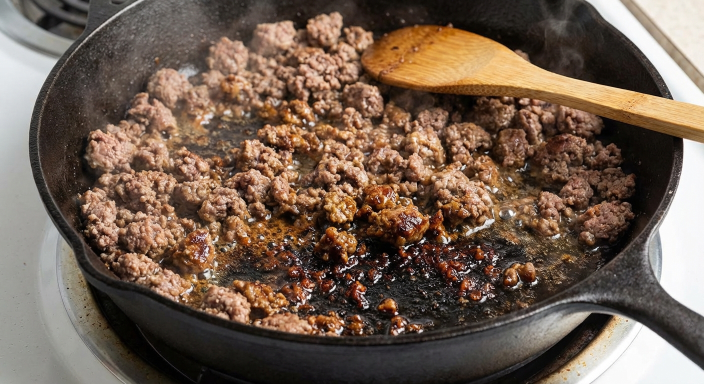 Ground beef browning in a skillet with browned bits forming on the bottom