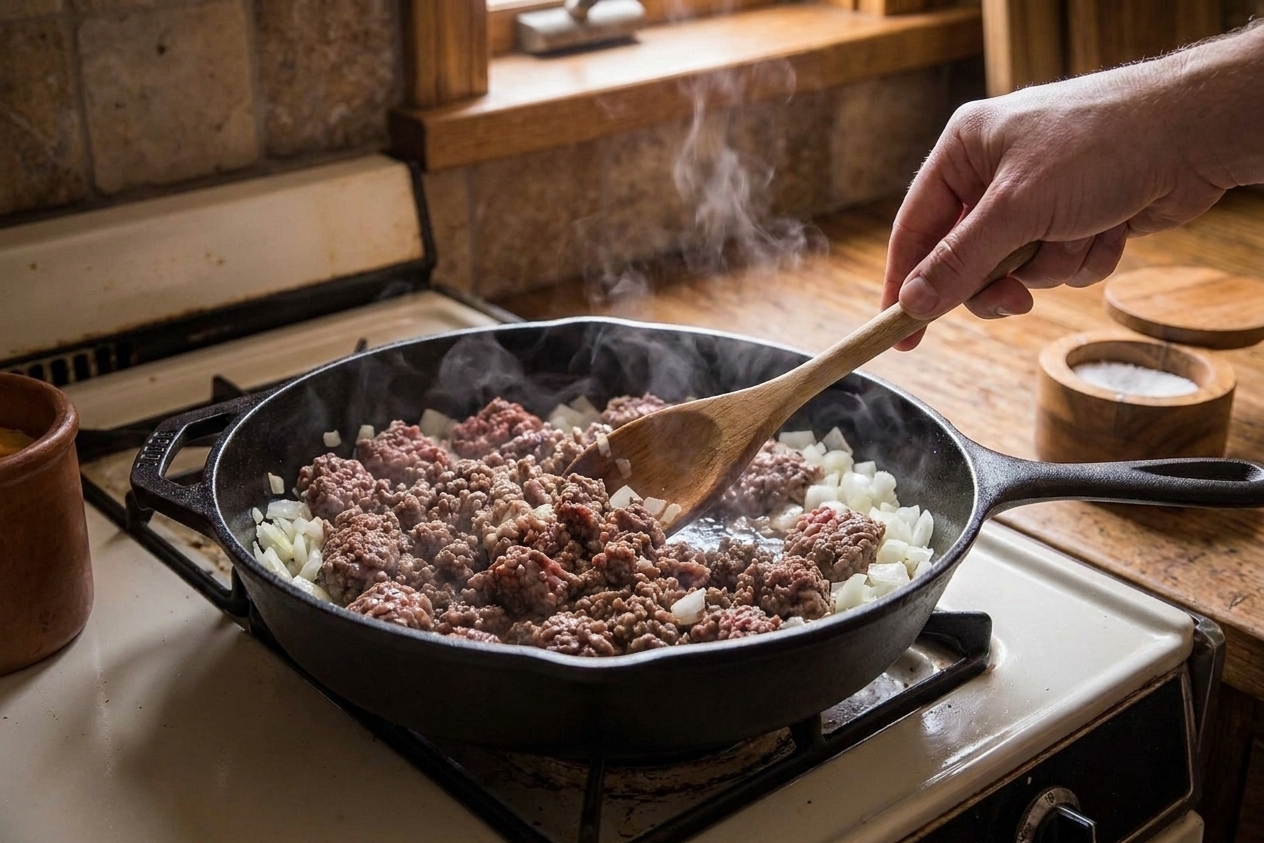 Ground beef browning in a skillet with chopped onions, stirred with a wooden spoon on a stovetop