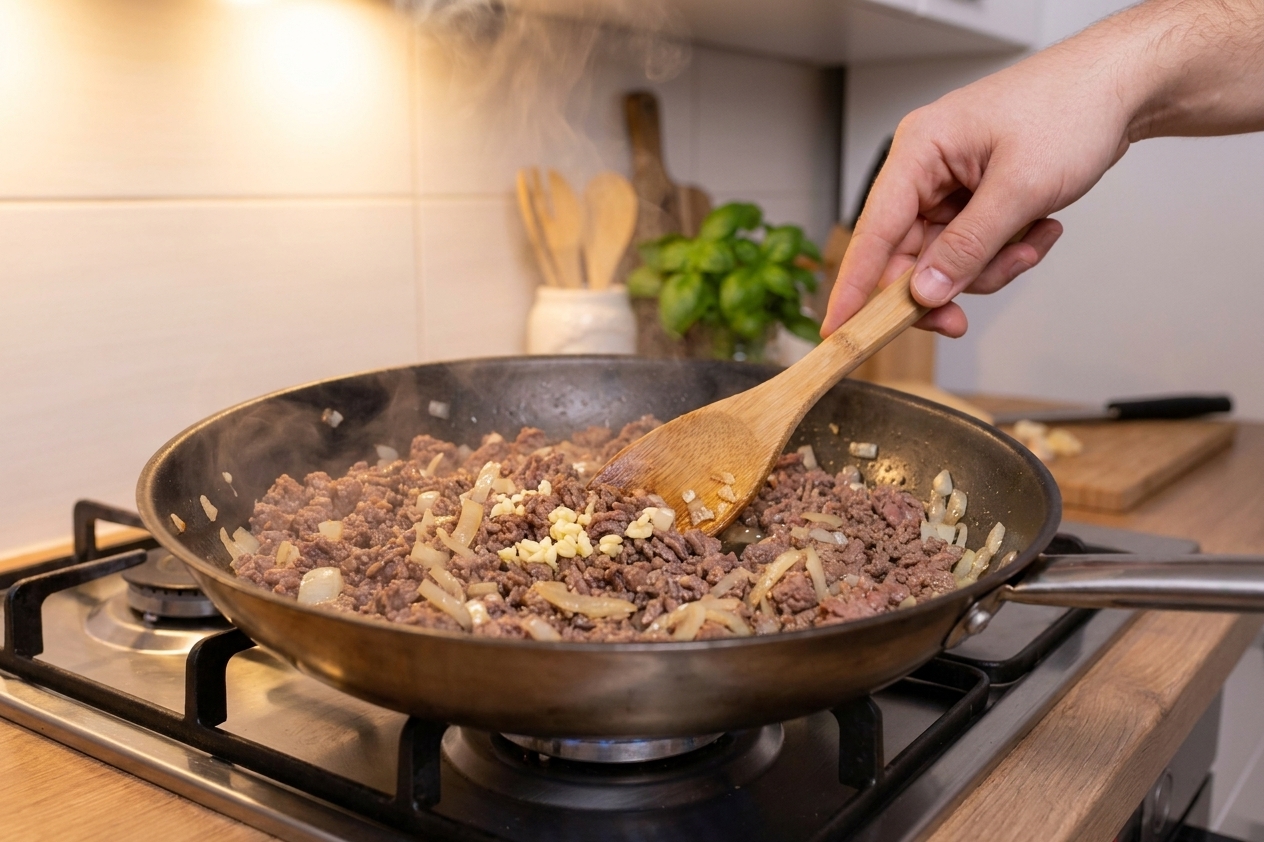 Ground beef browning in a skillet with chopped onion and minced garlic on a stovetop, with a wooden spoon stirring