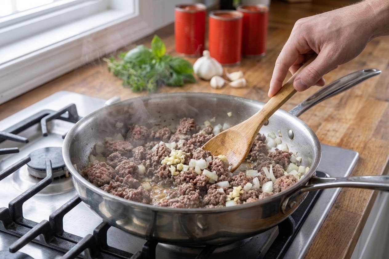 Ground beef browning in a skillet with chopped onions and garlic on a stovetop