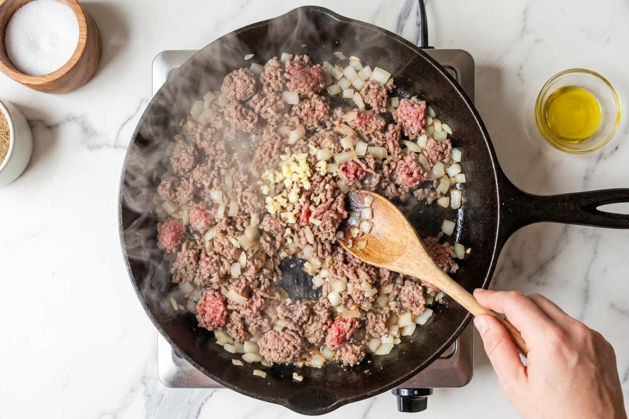 Ground beef browning in a skillet with diced onions and garlic on a stovetop, steam rising as it cooks