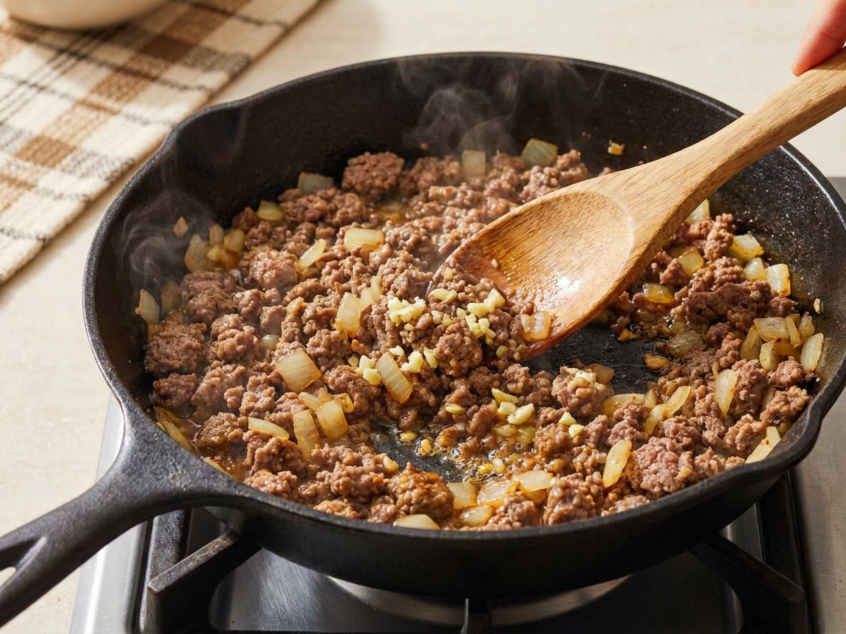 Ground beef browning in a skillet with diced onions and garlic, being stirred with a wooden spoon on a stovetop