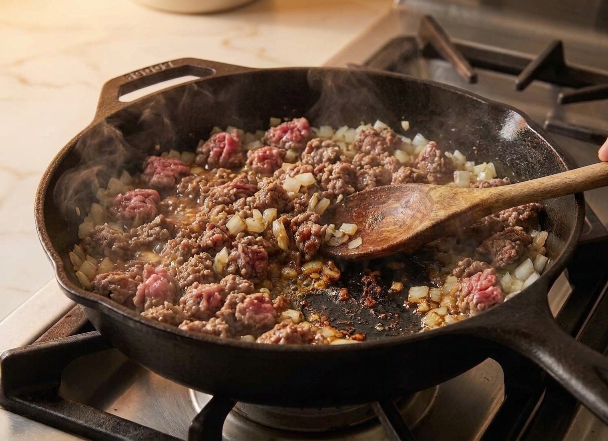 Ground beef browning in a skillet with onion and garlic, with browned bits forming on the bottom of the pan
