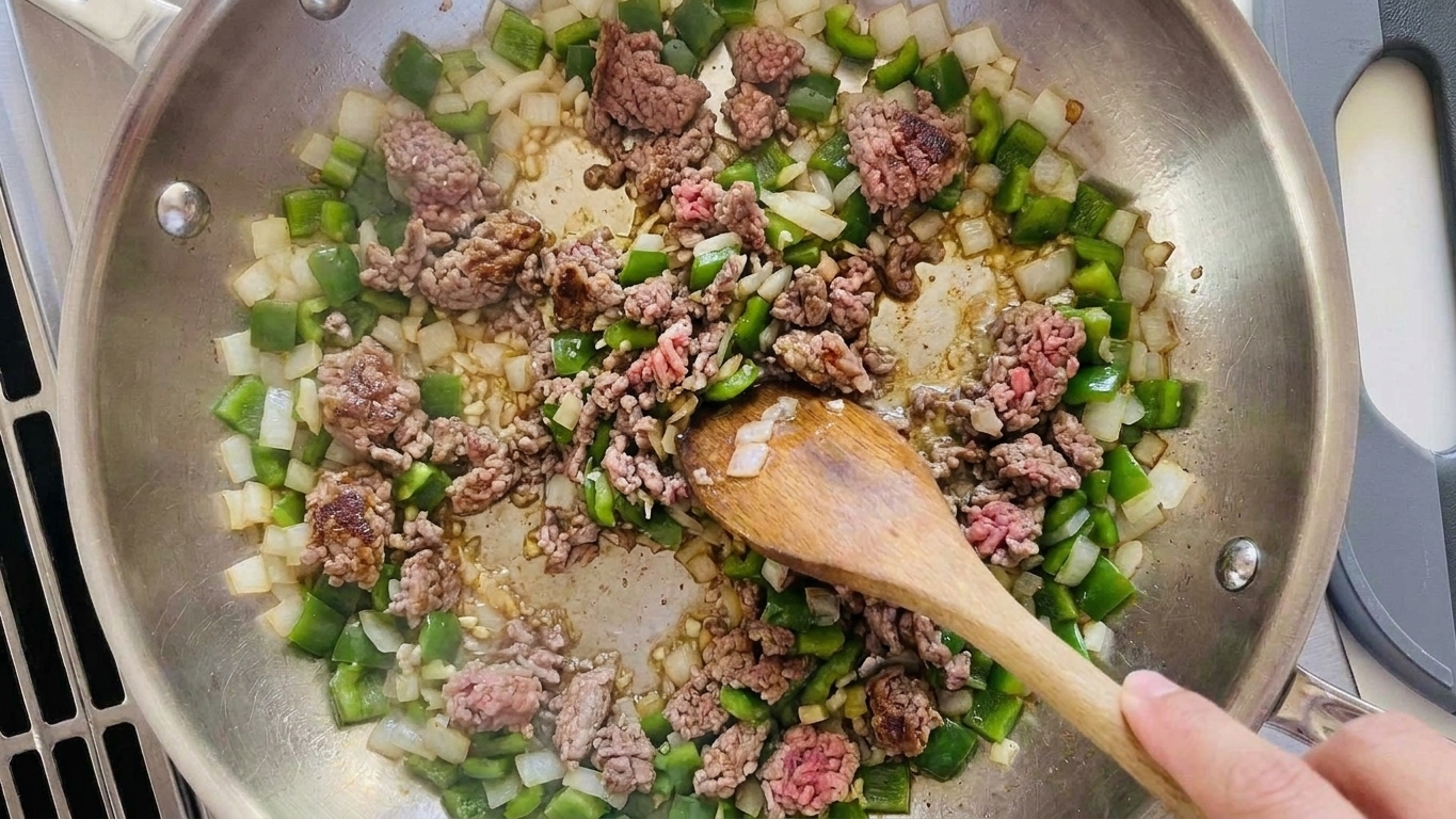Ground beef browning in a skillet with onions and peppers, being broken up with a spatula