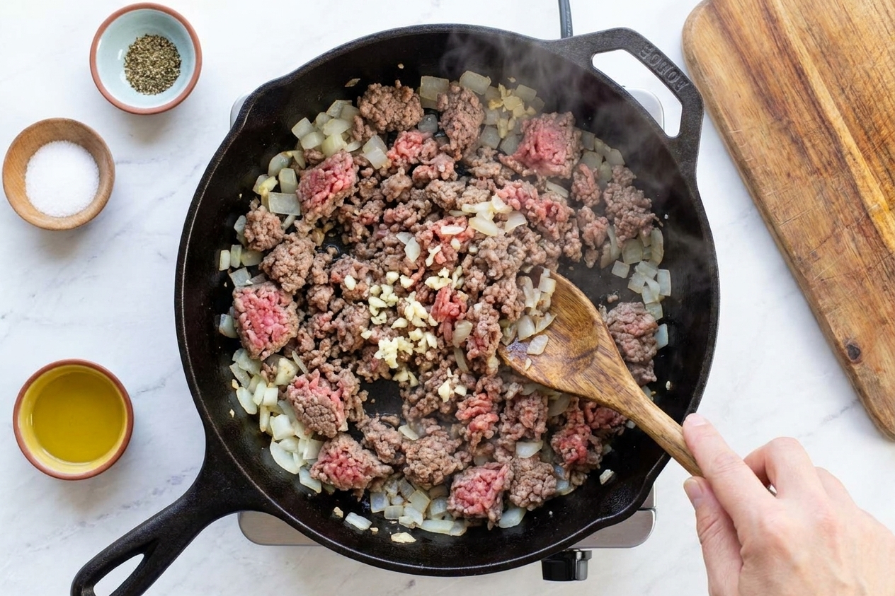 Ground beef browning in a skillet with onions and garlic, being stirred with a wooden spoon