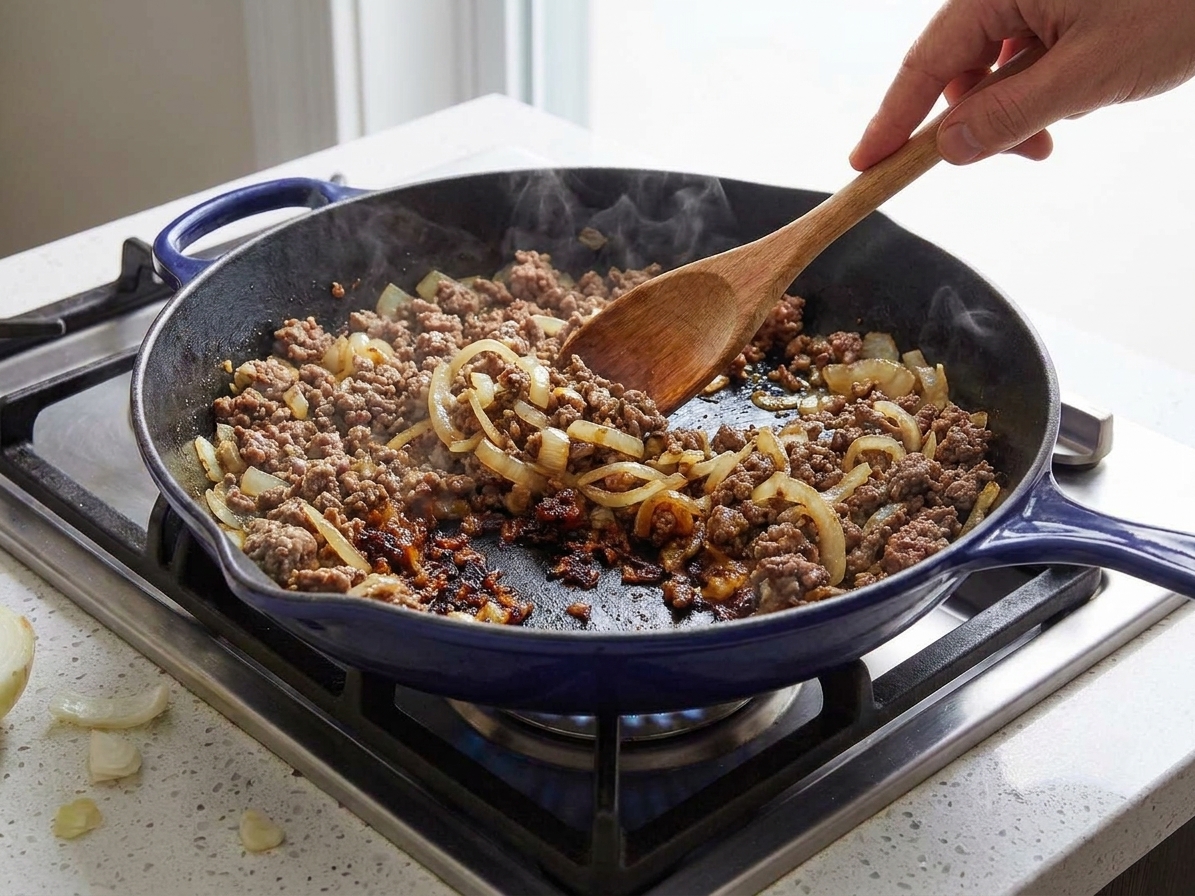 Ground beef browning in a skillet with onions, showing caramelized bits forming as it cooks