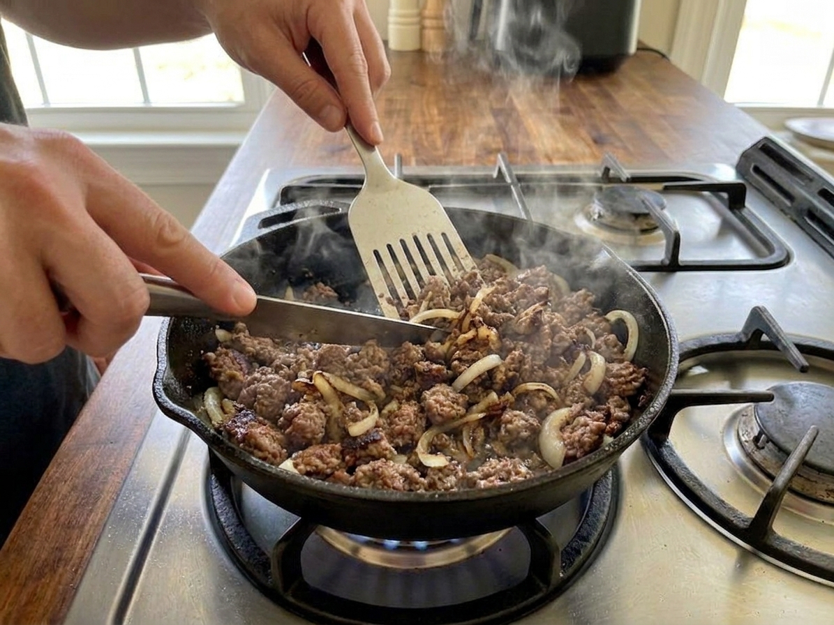 Ground beef browning in a skillet with sliced onions, showing browned edges and steam rising