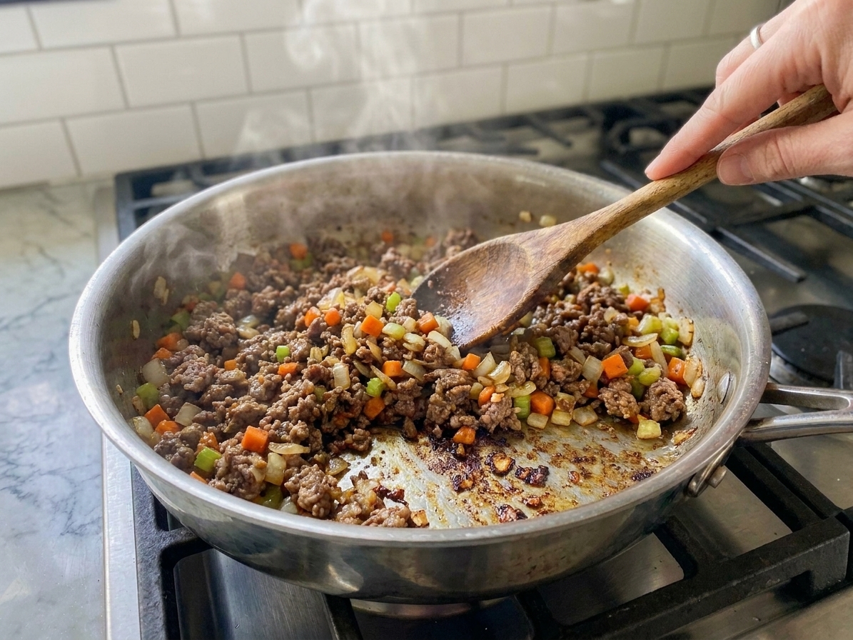Ground beef browning in a skillet with softened vegetables, showing caramelized bits on the bottom of the pan