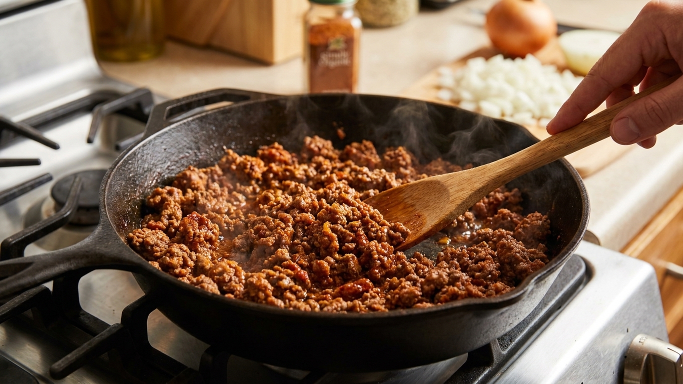 Ground beef browning in a skillet with taco seasoning and a wooden spoon on a home stove