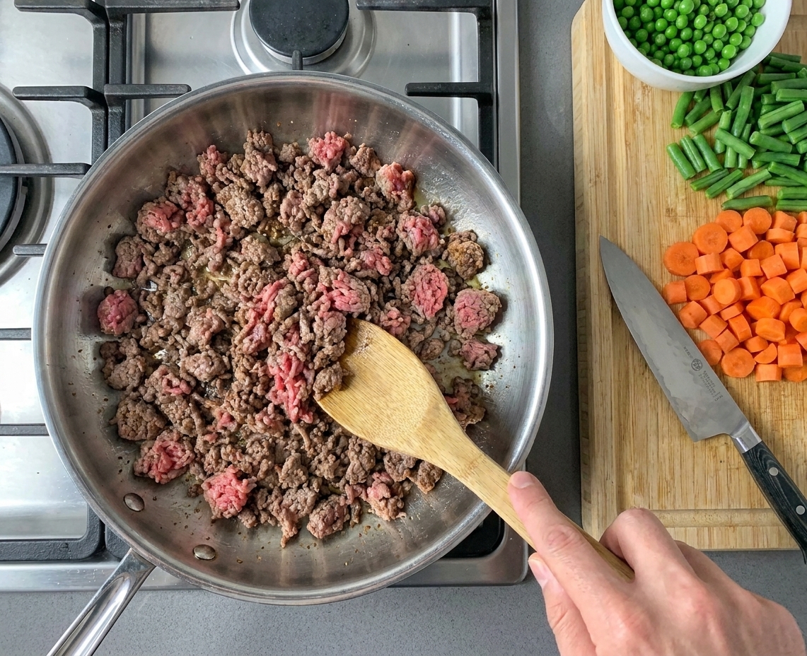 Ground beef browning in a stainless steel skillet on a home stove with a wooden spoon stirring