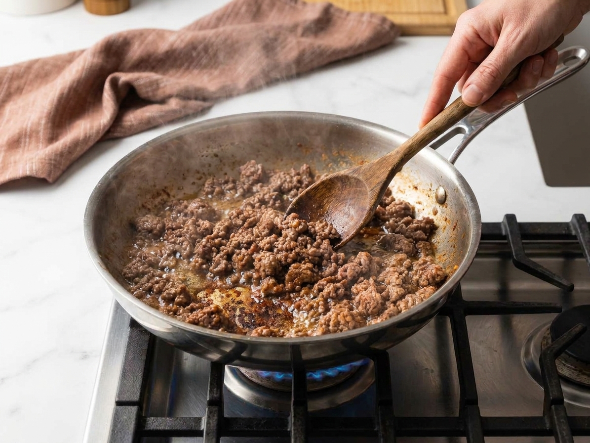 Ground beef browning in a wide skillet with a wooden spoon, edges sizzling and developing dark brown bits on the pan