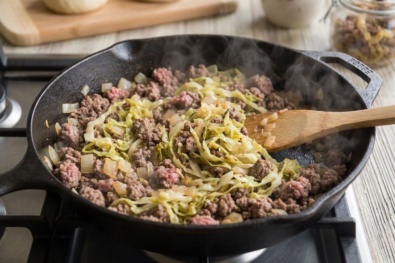 Ground beef browning with diced onions and shredded cabbage in a large skillet on a stovetop, steam rising as it cooks