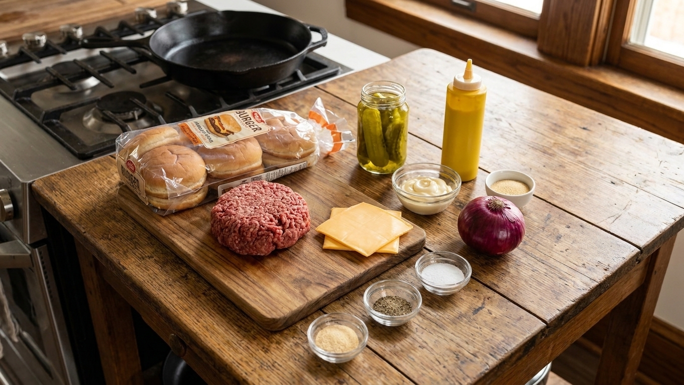 Ground beef, burger buns, American cheese slices, dill pickles, mayo, mustard, onion, and seasonings arranged on a kitchen counter in warm natural light