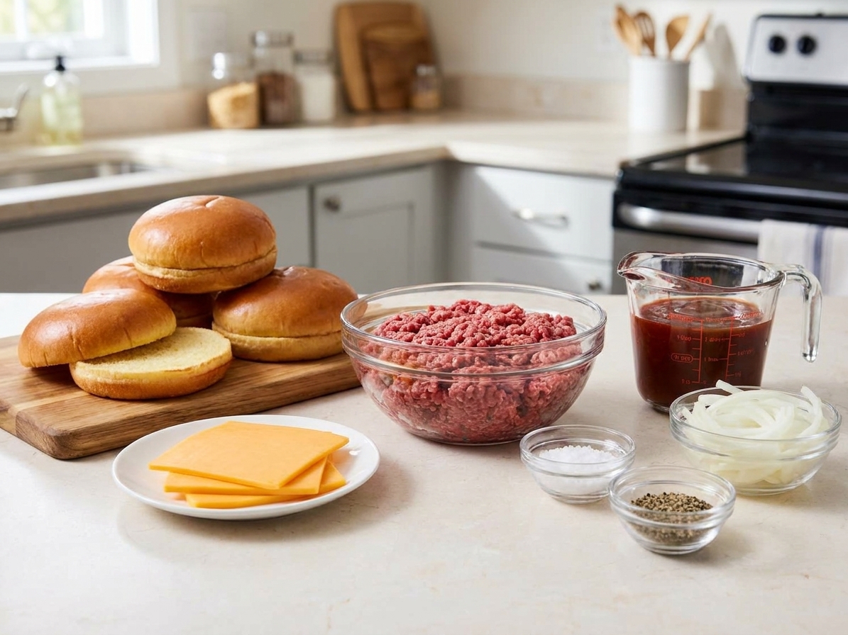 Ground beef, burger buns, cheddar slices, barbecue sauce, salt, pepper, and sliced onions arranged on a bright kitchen counter before cooking