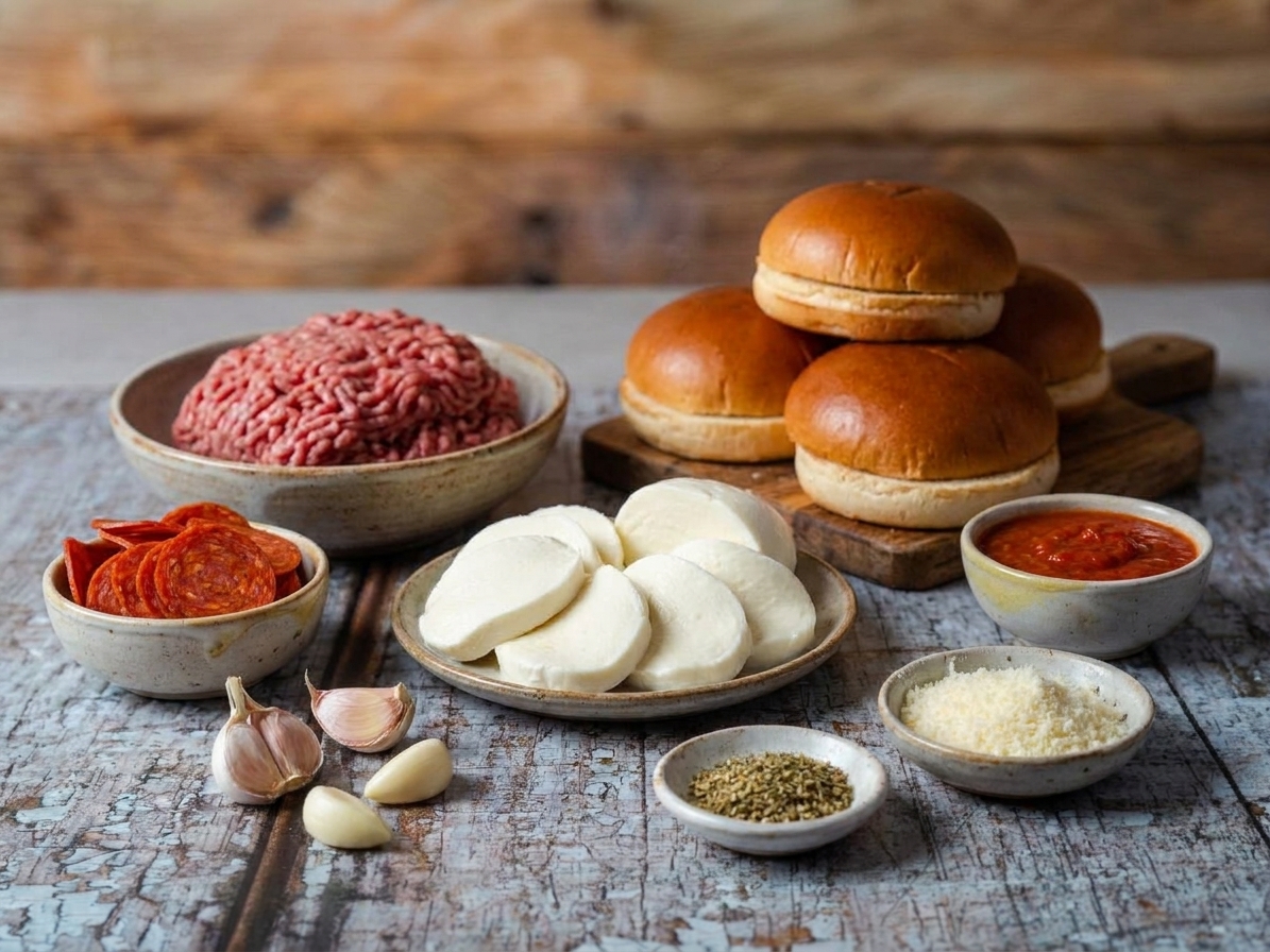 Ground beef, burger buns, mozzarella slices, pepperoni, a small bowl of marinara, garlic, Italian seasoning, and grated Parmesan arranged on a clean kitchen counter under warm lighting