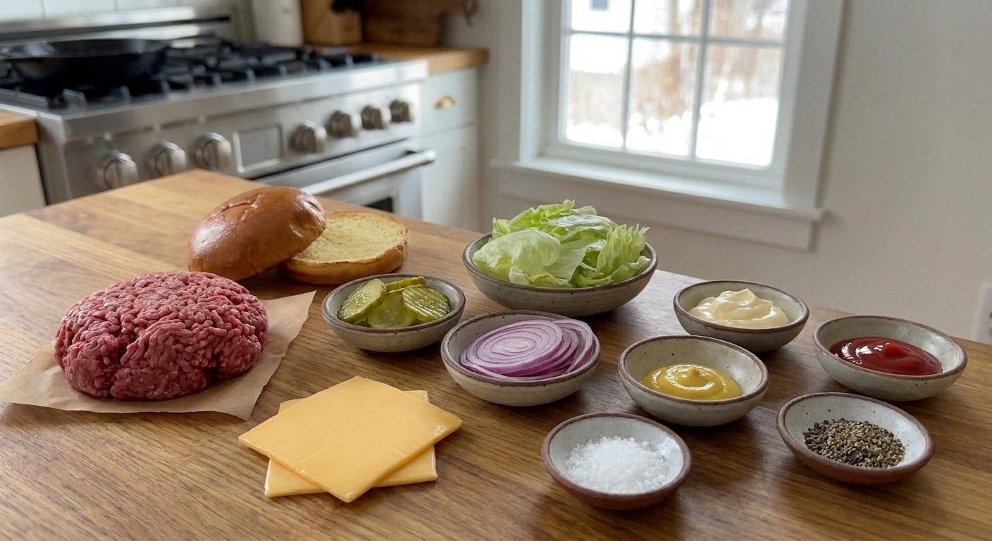 Ground beef, burger buns, sliced cheese, pickles, onion, lettuce, and small bowls of salt, pepper, mayo, ketchup, and mustard arranged on a clean kitchen counter