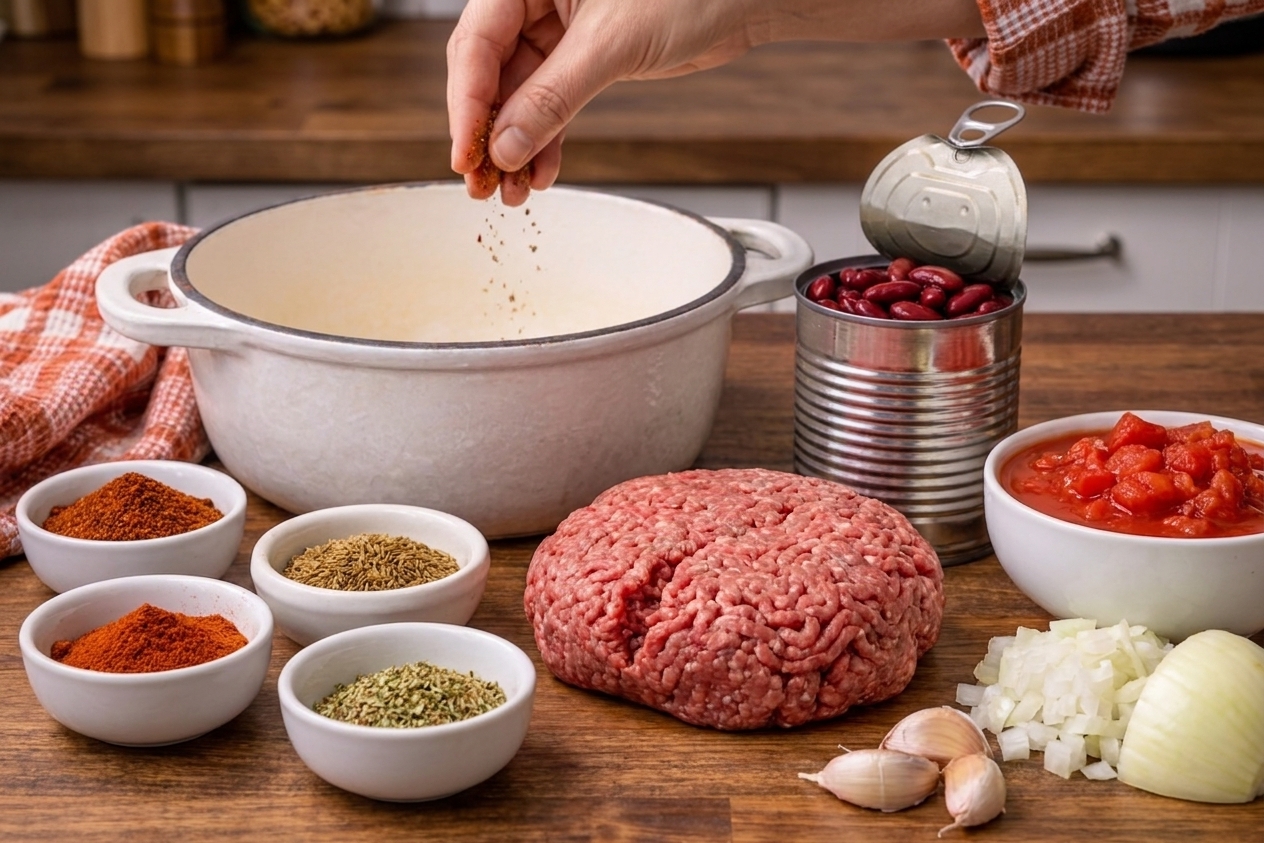 Ground beef, canned beans, diced tomatoes, onion, garlic, and small bowls of chili spices arranged on a clean kitchen counter in warm light