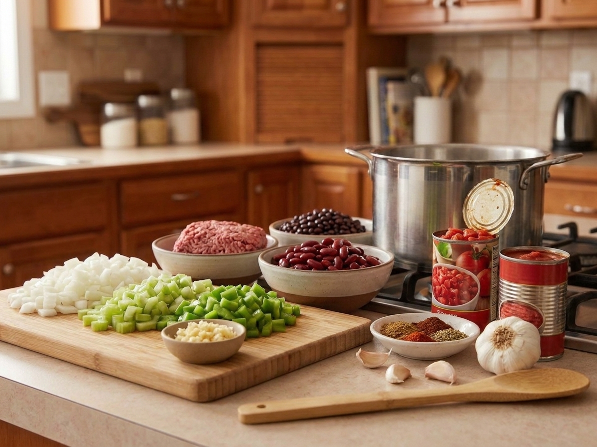 Ground beef, canned beans, diced tomatoes, tomato sauce, chopped onion, chopped celery, spices, and garlic arranged on a kitchen counter in consistent warm lighting