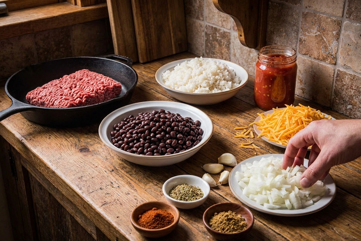 Ground beef, cooked rice, black beans, salsa, shredded cheese, onion, garlic, and spices arranged on a warm-toned kitchen counter