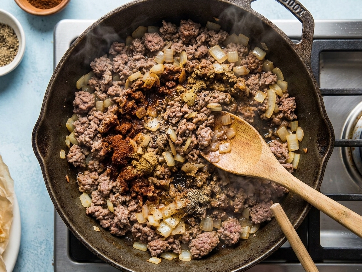 Ground beef cooking in a skillet with diced onions and visible spices, a wooden spoon stirring over a stovetop