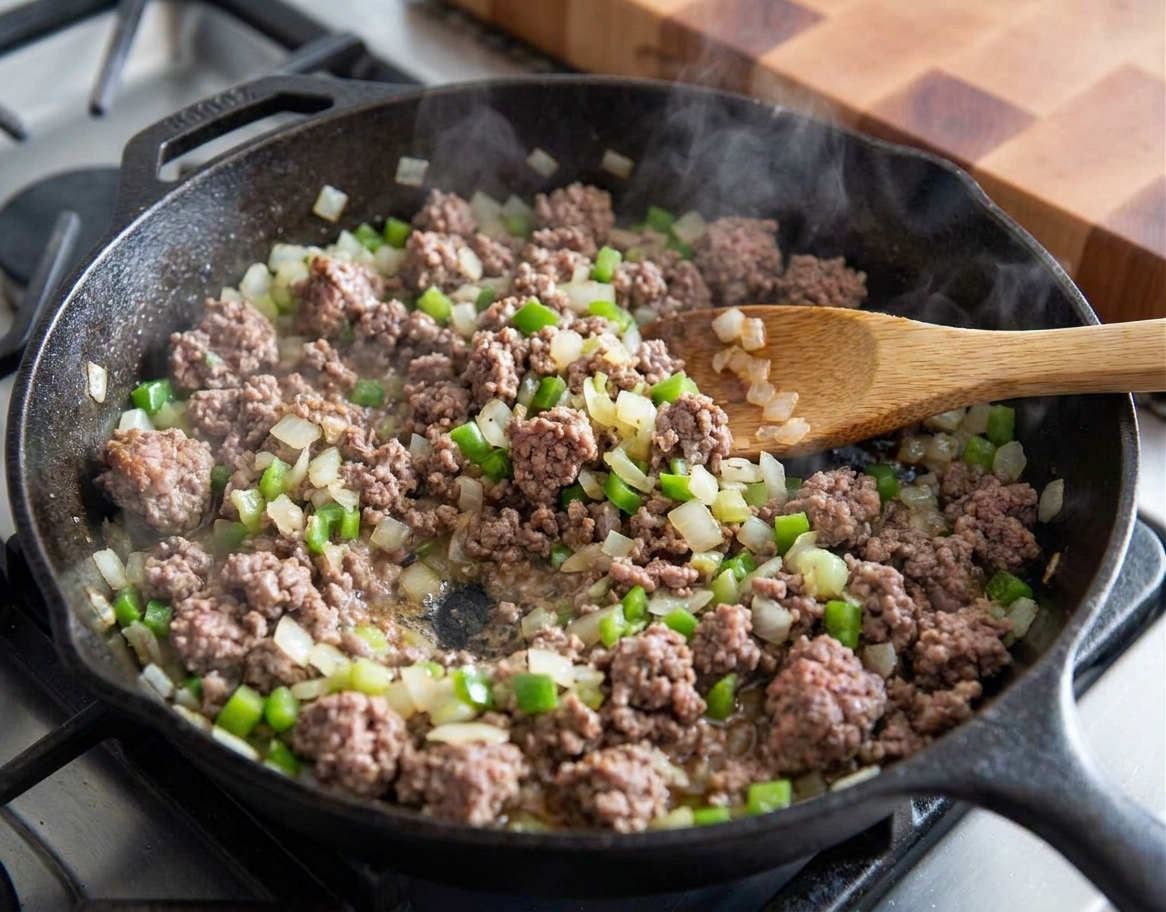 Ground beef cooking in a skillet with softened onions and peppers, crumbled texture visible
