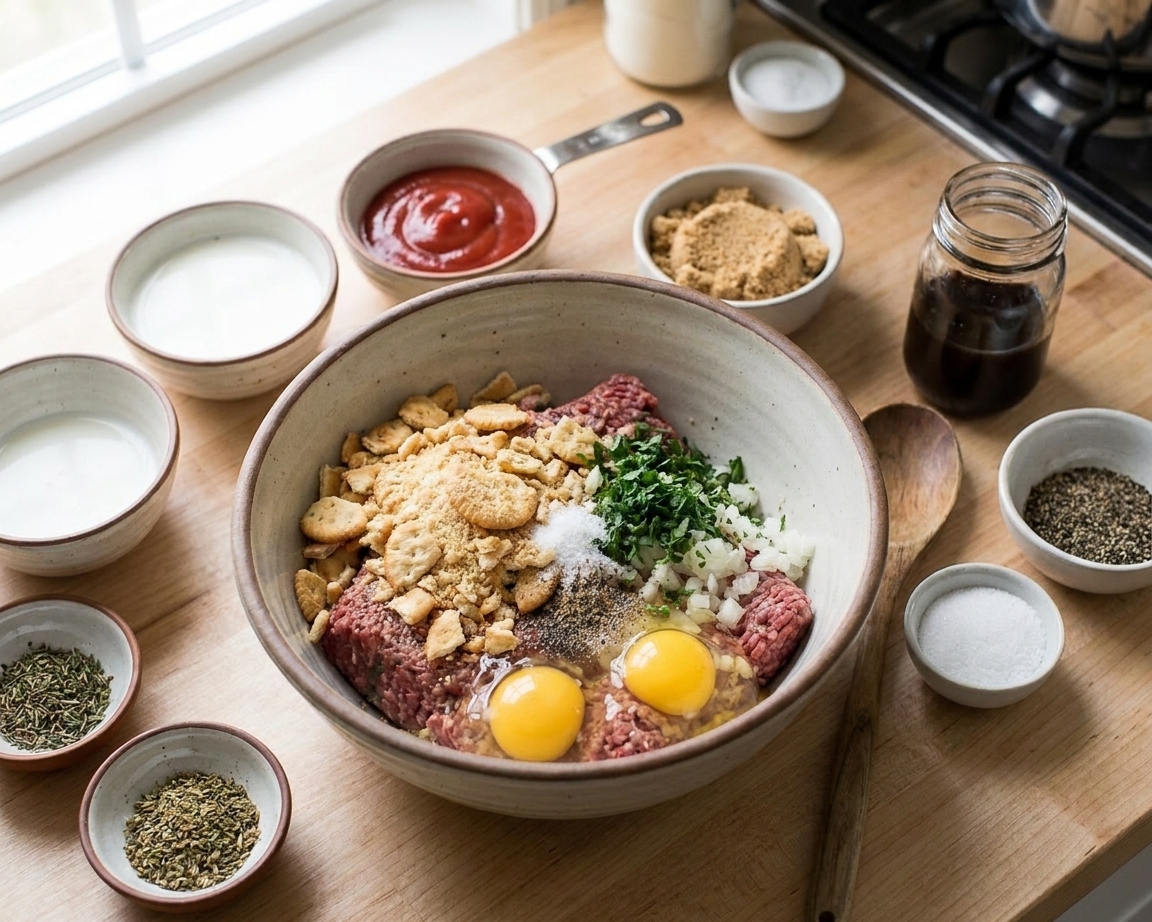 Ground beef, crushed Ritz crackers, eggs, milk, diced onion, ketchup, brown sugar, Worcestershire sauce, and seasonings arranged on a light kitchen counter