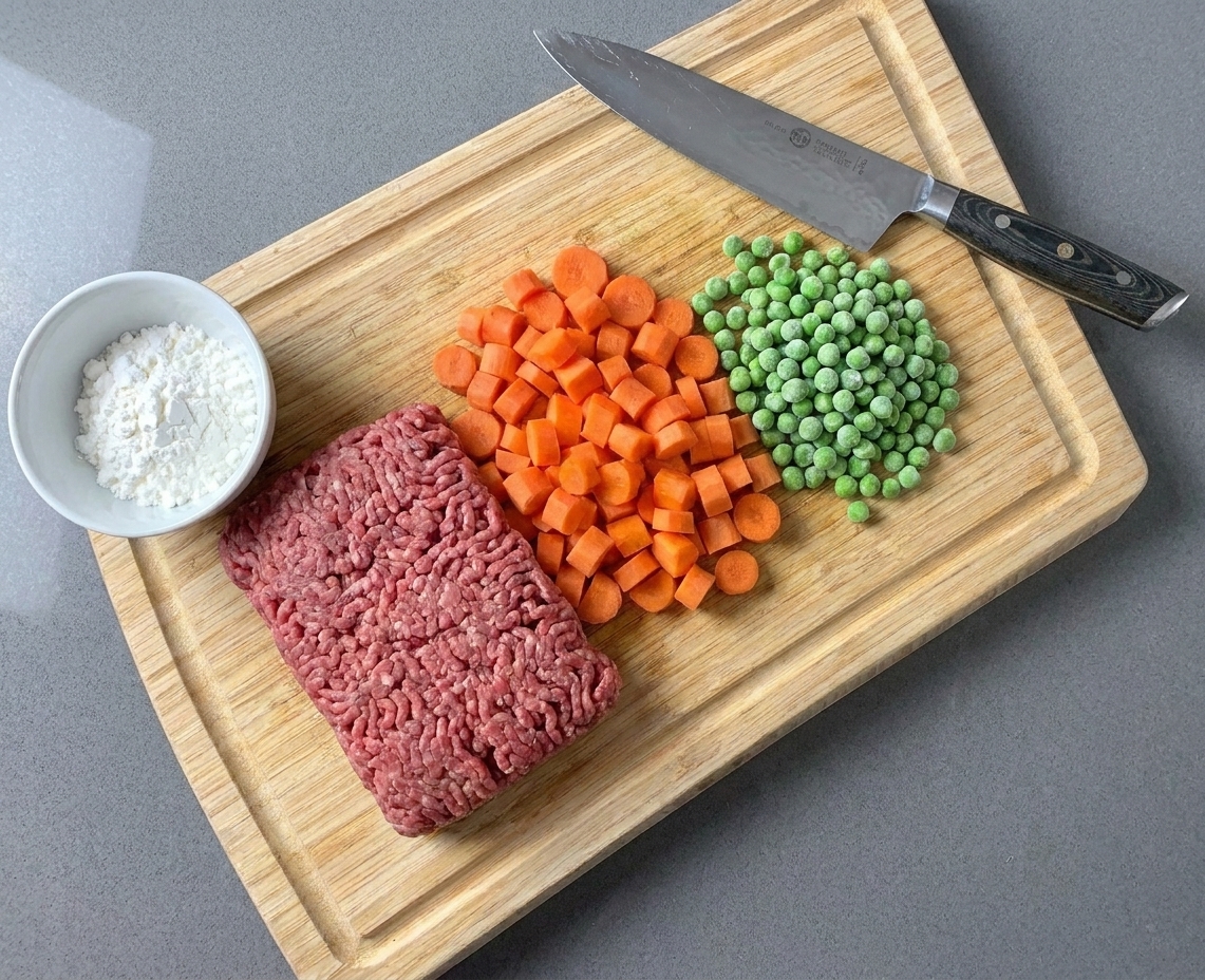 Ground beef, diced carrots, peas, and a small bowl of cornstarch on a kitchen counter ready for prep, overhead photo