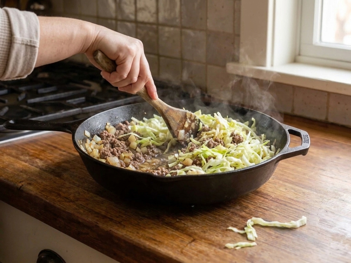 Ground beef, diced onion, and shredded cabbage cooking together in a large skillet on a stovetop