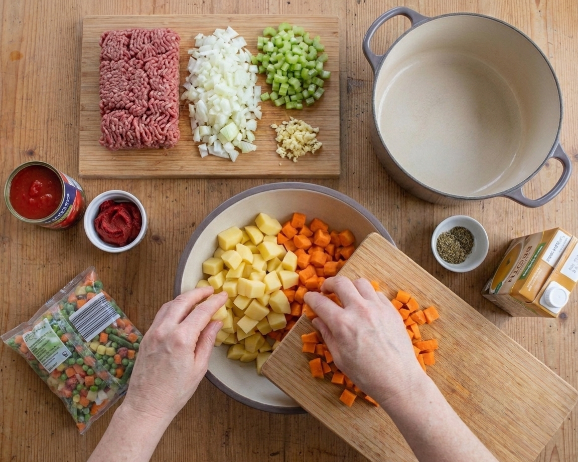 Ground beef, diced onion, carrots, celery, garlic, potatoes, canned tomatoes, tomato paste, frozen mixed vegetables, broth, and seasonings arranged on a bright kitchen counter