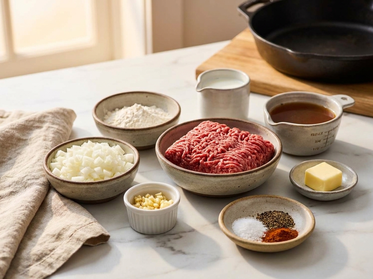 Ground beef, diced onion, garlic, flour, milk, broth, butter, and spices arranged in small bowls on a kitchen counter